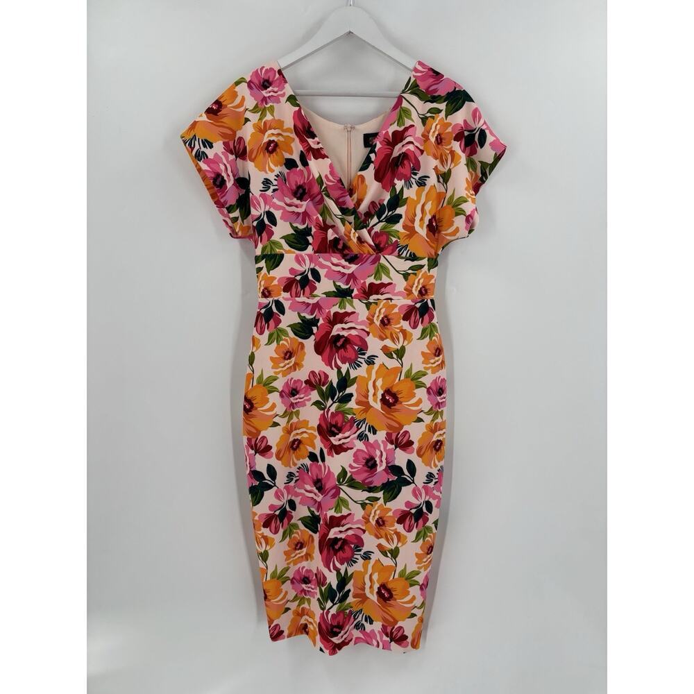 Alexia Admor Dress Womens Medium Pink Orange Floral Print Cocktail Midi Sheath